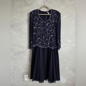 Vtg Lady Monica Elegant Silk Sequined Deep Purple Sheer Sleeve Dress L Mother